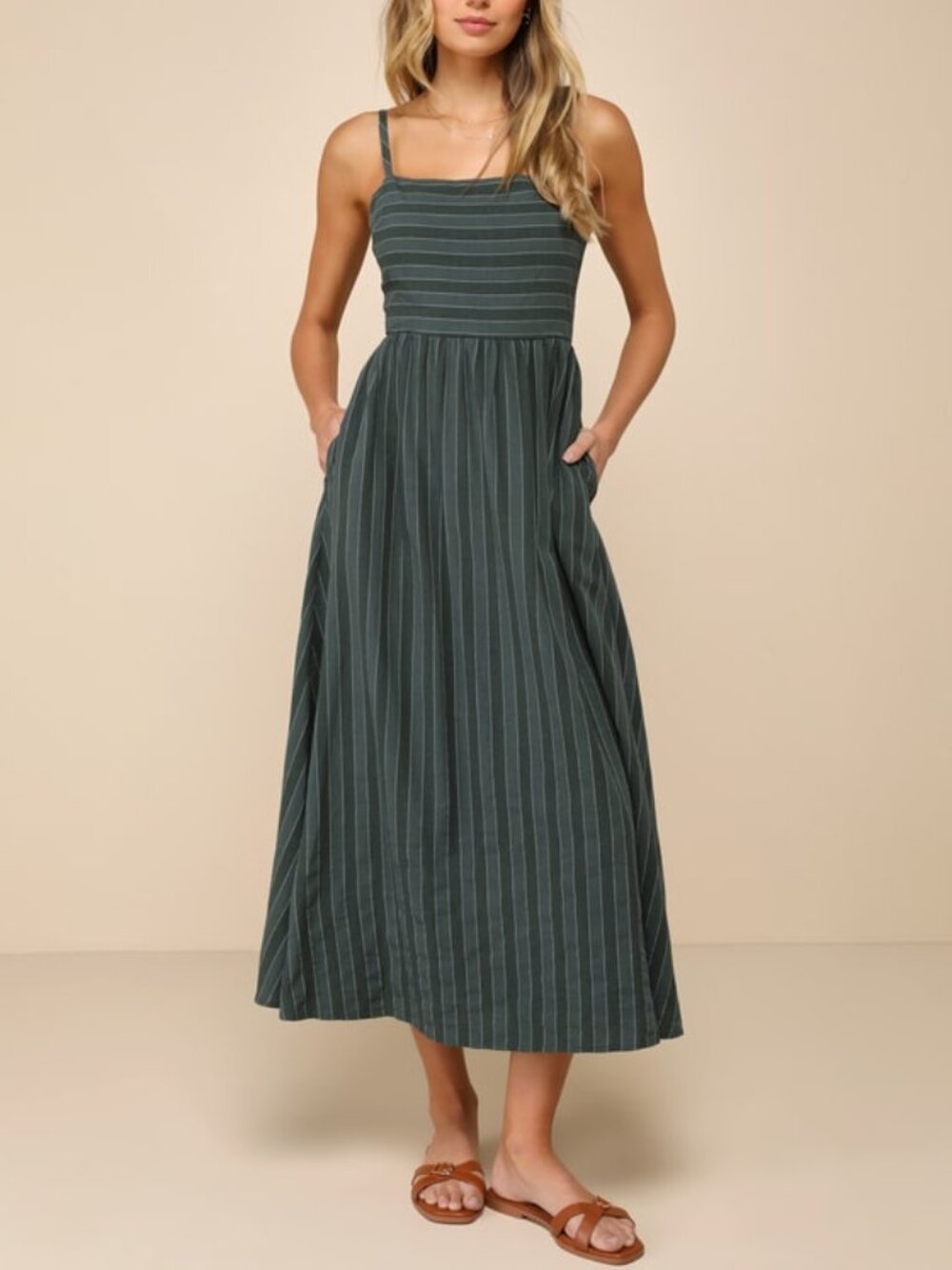 Lulus Feeling The Best Green Striped Tie-back Midi Dress With Pockets - Size S